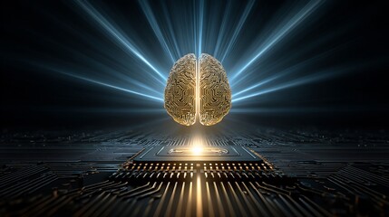 Futuristic Artificial Intelligence Brain with Digital Circuitry and Light Rays on Dark Background