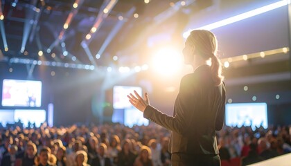 Woman Speaker on Stage Addressing Large Audience, Bright Lights.