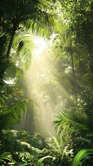 Naklejka premium Sunbeams pierce dense jungle foliage creating a mystical, serene natural light show