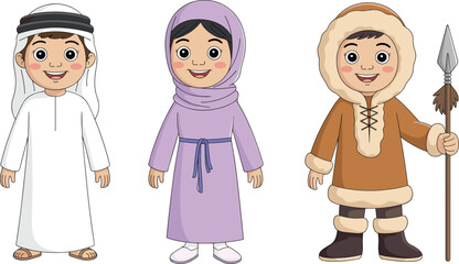 Cartoon children in traditional clothing, smiling boy and girl characters, cultural diversity illustration, cute kids wearing ethnic dress costume