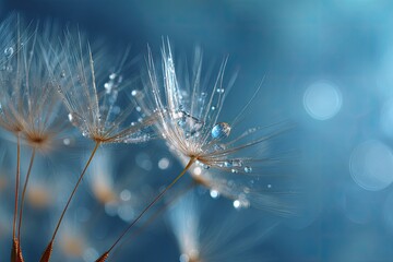 Delicate dandelion seed heads, covered in water droplets, bathed in soft blue light