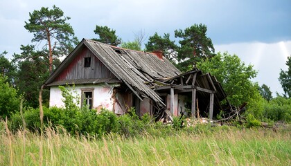 Obraz premium Ruined house in overgrown field