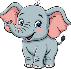 Cute baby elephant cartoon illustration, happy smiling animal, adorable wildlife character, children drawing, jungle safari animal art, zoo mascot design