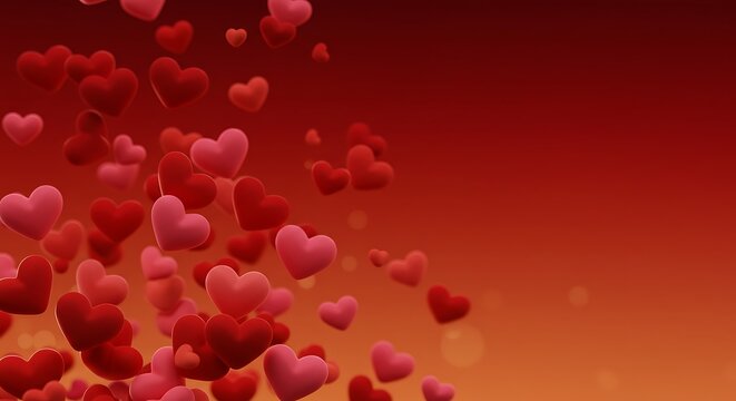 Floating red and pink hearts on a red background for valentines day