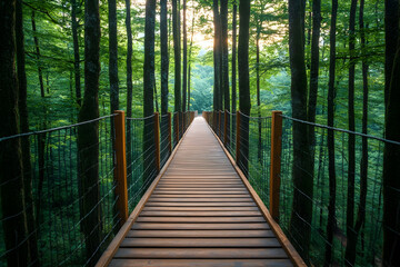 Tranquil forest canopy walkway with wooden path and safety rails in lush greenery