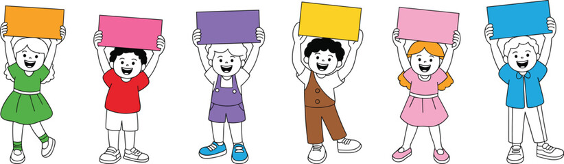 Happy cartoon children holding blank colorful signs for text message design, vector kids characters education illustration, empty board poster template