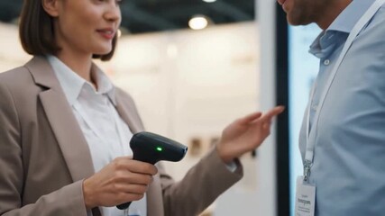 QR Code Scanning at Business Conference: Close Up - Powered by Adobe