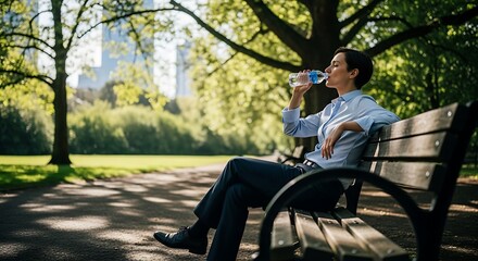 Fototapeta premium Woman drinking water in park