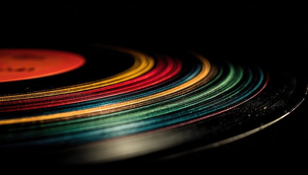 Close-up of a vinyl record showing concentric rings of color