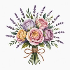 Fototapeta premium Beautiful Watercolor Illustration of a Bouquet Featuring Roses and Lavender in Soft Pastel Colors