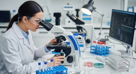 A scientist in lab coat examines sample through microscope near lab equipment computer screen showing data