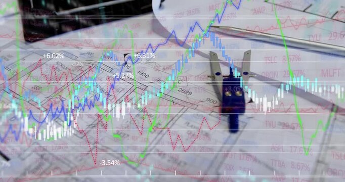 Transparent overlay fading on blueprint, lines rising spiking oscillating to show market trends