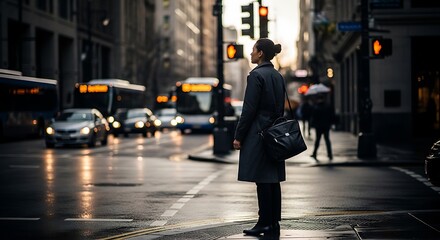 Woman waiting at city crosswalk