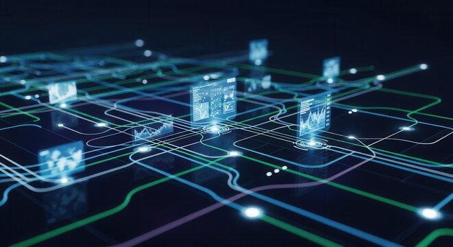 Glowing data streams with translucent floating dashboards on a dark networked surface - Powered by Adobe