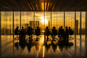 Business meeting in a high-rise office during sunset, creating a dramatic silhouette effect against the city skyline.