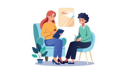 Two people in a therapy session discussing mental health and well being