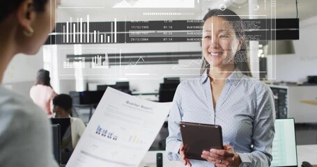 Colleague handing quarterly report and driving woman tapping tablet analyzing finance data overlays - Powered by Adobe
