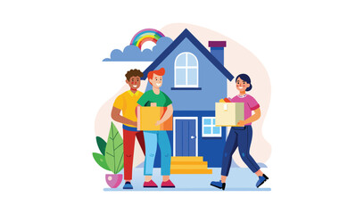 Diverse group of people moving into a new home with boxes