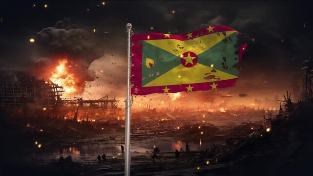 Grenada flag waving in war is torn