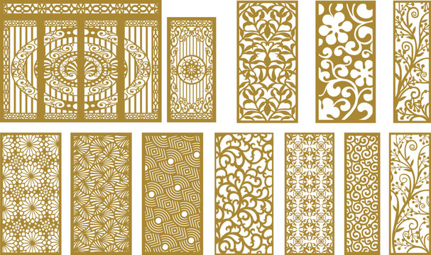 Decorative golden patterns and designs on white background