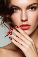 Fototapeta premium Close-up of a captivating woman showcasing her radiant skin, elegant hairstyle, and impeccably manicured nails with a bold, crimson polish.