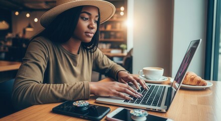 Woman types on laptop at table with coffee croissant phones wearing hat