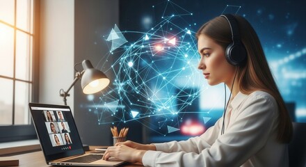 Woman with headphones uses laptop during video call Geometric design overlay