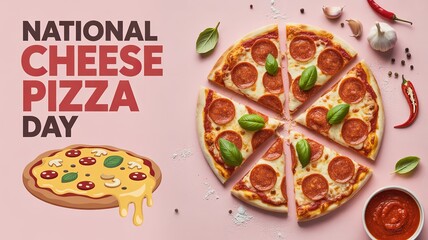 National Cheese Pizza Day, Pizza slices arranged beautifully with garlic, chili, and sauce.