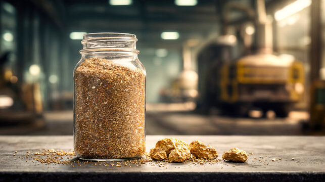 Wallpaper of a jar with gold flakes resting on a table in an industrial setting.