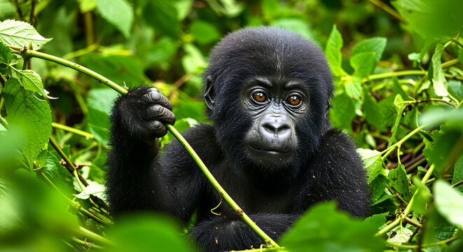 Adorable young mountain gorilla infant peeking through lush green jungle foliage holding a vine with curious eyes