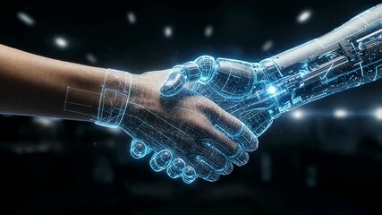 Human and robot hand shaking with wireframe overlay. Artificial intelligence connection and collaboration. Future technology concept footage. - Powered by Adobe