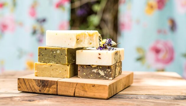 Stacked handmade soaps on a wooden board - Powered by Adobe