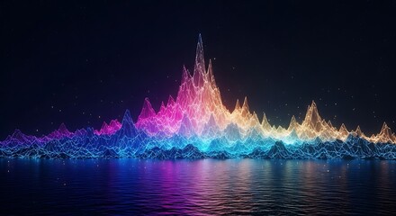 Vibrant abstract mountain landscape reflecting multicolored lights on water at night