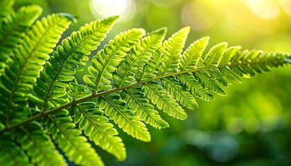 Intricate pattern of a green fern frond backlit by the warm, golden glow of the sun in a tranquil, verdant woodland