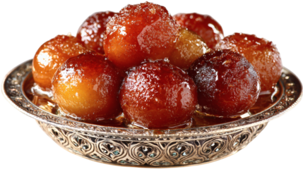 Gulab jamun on ornate silver plate traditional indian dessert