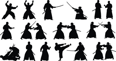 Martial arts silhouettes with sword fighting and combat poses, traditional uniform vector illustration for training, defense, sports, and cultural design projects