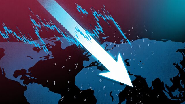 Economic downturn visualized with global map and falling arrow, financial crisis concept