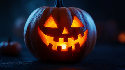 Fototapeta premium Close-up of glowing jack-o-lantern with spooky carved face, dark background