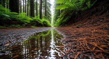 Obraz premium Sunlit forest stream reflecting lush green trees and rocky bed serene nature beauty