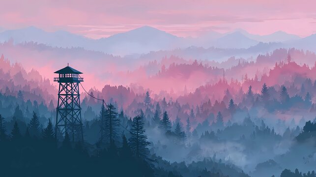 Early morning scene shows fire lookout tower above soft mist, framed by quiet treetops and pale cinematic sunrise tones.