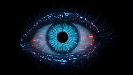 Cybernetic eye with digital circuit board patterns and glowing blue iris on black background, futuristic vision and data processing animation. - Powered by Adobe