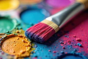 Fototapeta premium Close-up of a paintbrush resting on a vibrant, colorful palette, ready for the next stroke of artistic creation The scene evokes creativity and artistic expression , aesthetic, inspiration