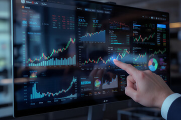 Businessman s hand points to a glowing stock market trading screen with financial data and charts