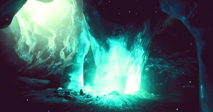 Entering a stunning cave, vibrant turquoise light radiates from within, casting captivating reflections on the rocky surfaces. The atmosphere feels mystical and inviting, urging exploration.