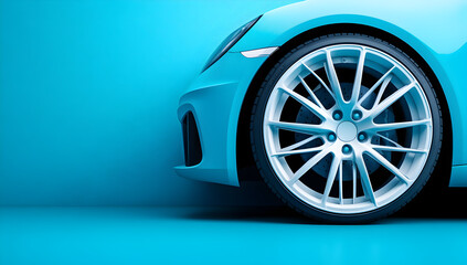 Close up of a sleek modern sports car wheel and fender in a vibrant turquoise blue studio setting