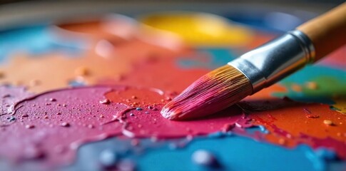 Fototapeta premium Close-up of a paintbrush resting on a painter's palette, bristles still wet with vibrant acrylic paint Ready for the next stroke of artistic creation , paintbrush, tone, art supplies