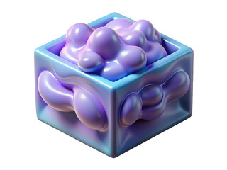 Abstract geometric cube with organic purple blobs and blue accents 3d illustration icon solated on white background
