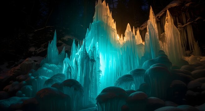 Stunning ice formations illuminated by vibrant blue and orange lights at night - Powered by Adobe