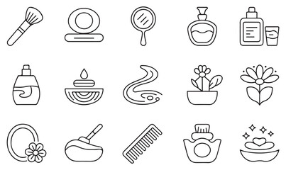 Vector line icons pack of beauty, soap, shampoo, skincare, flowers, cosmetics, and hygiene tools for spa, salon, and self care design