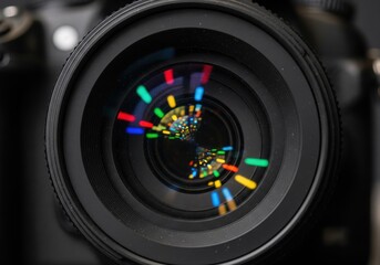 Macro Photography Capturing Rainbow Reflections within a Camera Lens